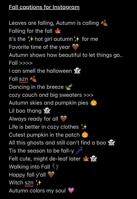 A set of instagram captions you can use for the pictures you post during fall season. Phone Fonts, Fall Insta Captions, Fall Captions, Prompts For Writing, Sassy Captions, Captions Aesthetic, Captions Sassy, Baddie Captions, Lit Captions