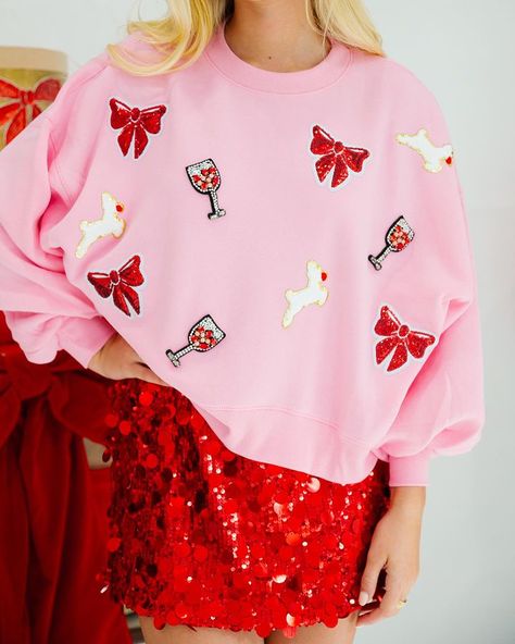 JUDITH MARCH (@judithmarch) • Instagram photos and videos Normal Design, Xmas Dress, Reindeer Games, Judith March, Christmas Clothes, Pink Pullover, Loose Long Sleeve, Sequin Bow, Christmas Bow