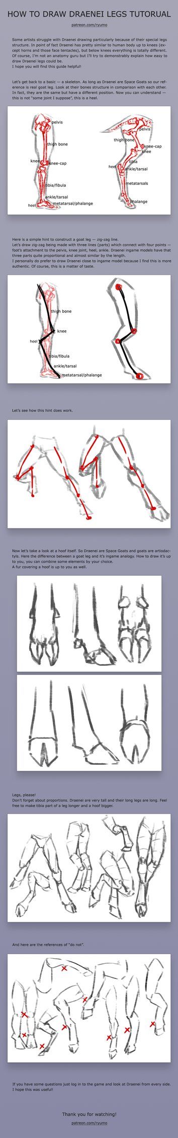 Draenei Legs Tutorial by ryumo Legs Tutorial, Character Moodboard, Leg Reference, Human Legs, Feet Drawing, Female Legs, Artist Tutorials, Drawing Legs, Anatomy Tutorial