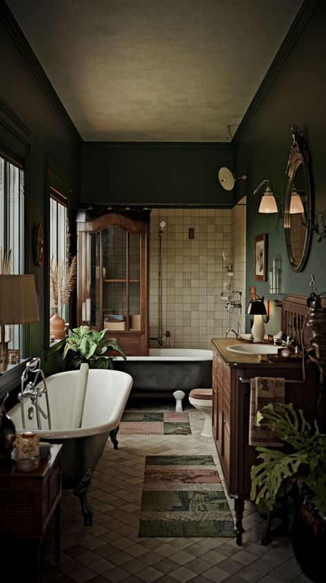 Explore 10 stunning moody vintage bathroom ideas that blend timeless design and a cozy, nostalgic aesthetic. Discover unique tips for incorporating antique decor, vintage fixtures, dark color palettes, and more to transform your bathroom into a captivating, luxurious retreat with classic charm. 1970s Inspired Bathroom, Man Bathroom Ideas For Men, Moody English Cottage Bathroom, Small Dark Academia Bathroom, Antique Bathroom Decor Ideas, Vintage Bathroom Shelves, Green And Red Bathroom, Cozy Maximalism Bathroom, Small Moody Bathroom Ideas