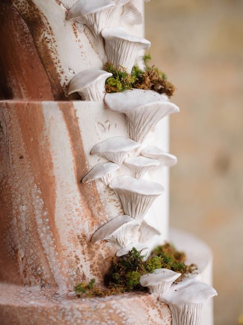 This Intimate Indoor Winter Wedding Was Inspired By Mushrooms! Wedding Cake With Mushrooms, Mushroom Theme Wedding, Mushrooms For Cake, Earthy Wedding Cake, Mushroom Wedding Cake, Woodland Thanksgiving, Forest Wedding Cake, Indoor Winter Wedding, Mushroom Wedding