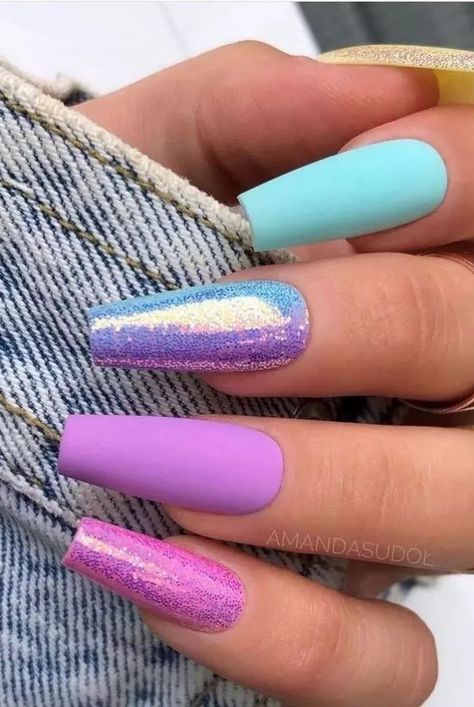 Unicorn blue purple glitter nails Nail Ideas Pink And White, Nails Design Simple, Nail Designs Pink, Pink Blue Nails, Summer Nails Pink, Carnival Nails, Nail Ideas Pink, Purple And Pink Nails, Pink Nail Ideas