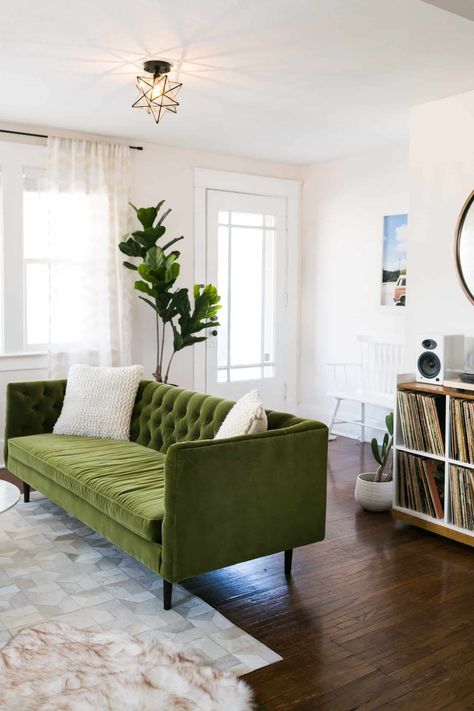 Minimal design living room with style.  #decorating #details #Scandinavian #europeandesign #minimal Living Room Green Sofa, Green Sofa Living, Airbnb Ideas, Interior Design Programs, Gold Ceiling Light, White Furniture Living Room, Room Green, Green Couch, Gold Ceiling