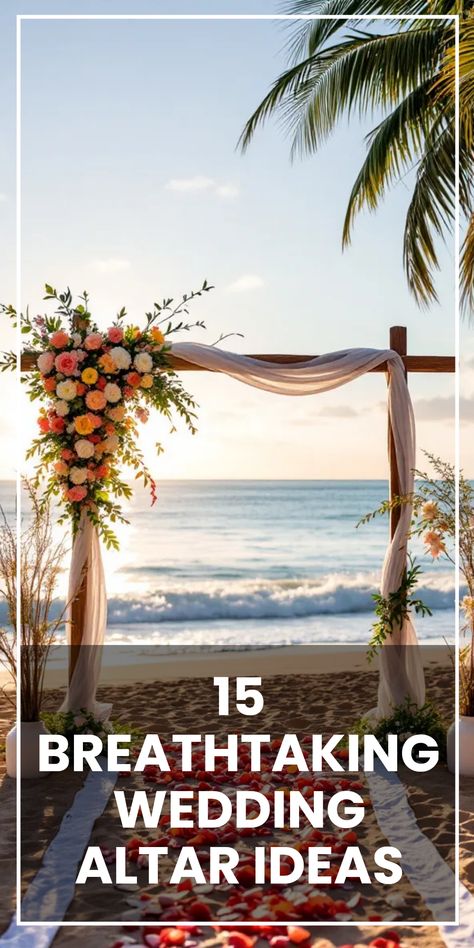 Make your wedding unforgettable with these 15 breathtaking altar ideas! From enchanting forest settings to stunning beach backdrops, find the perfect inspiration to embellish your special day. Picture yourself saying 'I do' under colorful bouquets or elegant drapery. Each choice radiates romance and love. Discover how your wedding altar can reflect your unique story and theme. With these creative ideas, you can set the stage for your dream ceremony you'll always remember. Step into this glamourous make-believe with jaw-dropping designs at every effort. Wedding Arch Beach Ideas, Beach Wedding In The Fall, Beach Wedding Setup Outdoor Ceremony, Palm Wedding Arch, Small Beach Wedding Ceremony, Beach Wedding Altar, Beach Wedding Ceremony Decor, Sunrise Beach Wedding, Beach Wedding Aisle Decor