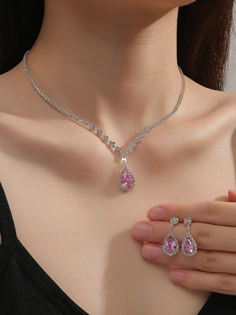 Pink  Collar     Embellished   Fashion Jewelry Pink Jewelry Set, Bride Jewelry Set, Rhinestone Jewelry Set, Embellished Fashion, Fancy Jewelry Necklace, Princess Jewelry, Zirconia Necklace, Rose Bonbon, Dragon Jewelry