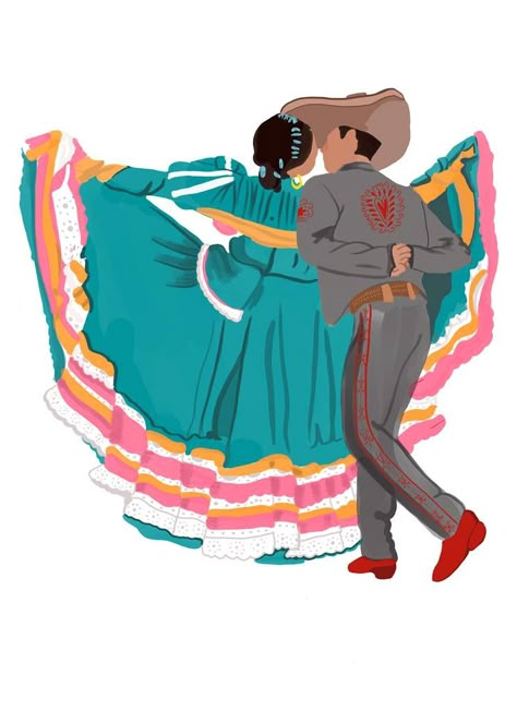 Folklorico Drawing, Women Siloutte, Folklorico Art, Mexican Illustration Art, Mexican Illustration, Hispanic Heritage Month Activities, One Direction Drawings, Couple Embracing, Mexican Artwork