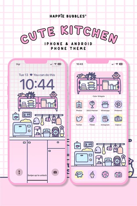 Cute Android Themes, Kawaii Iphone Theme, Kawaii App Icons Pink, App Icons Cute, Kawaii Pink Phone Theme, Kawaii Ios Homescreen, Cute Pink Wallpaper, Mi Phone, Custom App Icons