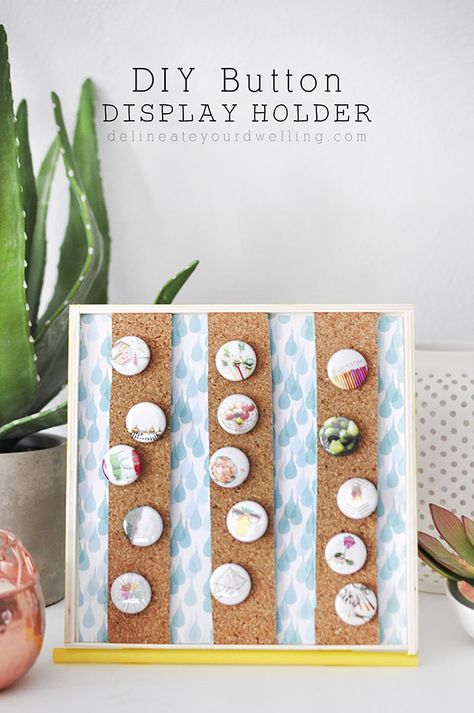 See how easy it is to create a simple DIY Button and Flair Pin Display Holder!! Delineate Your Dwelling Button Display, Enamel Pin Display, Diy Hanging Shelves, Enamel Pin Collection, Diy Buttons, It Goes On, Cork Board, Sticker Collection, Simple Decor