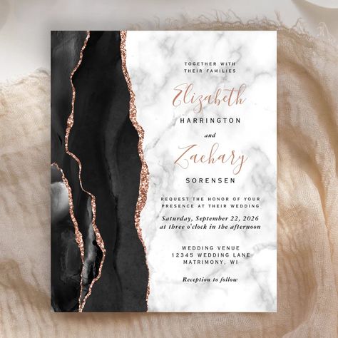 Budget Black Rose Gold Agate Marble Wedding Invite | Zazzle Rose Gold White Wedding, Rose Gold Wedding Decor, White Marble Background, Elegant Wedding Stationery, Elegant Modern Wedding, Black And Rose Gold, Afternoon Wedding, Marble Wedding, Rose Gold Glitter