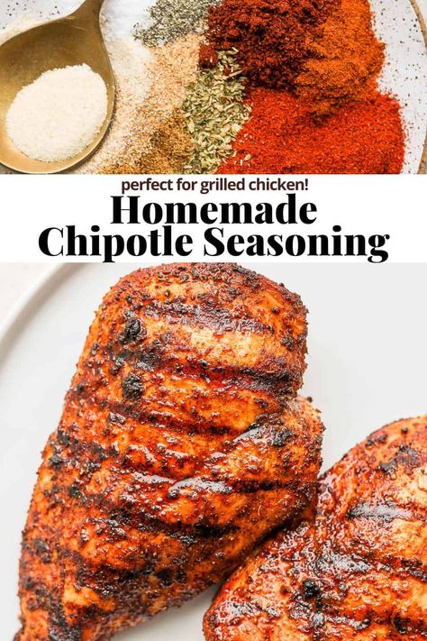 Chipotle Seasoning - a simple, easy homemade chipotle seasoning that is perfect for grilled or cast iron chicken! #chipotleseasoning #chipotleseasoningrecipe #chipotleseasoningrecipespices #homemadechipotleseasoning #homemadechipotlechickenseasoning Chipotle Powder Recipe, Chipotle Seasoning Recipe, Cast Iron Chicken Recipes, Grilled Chicken Seasoning, Chipotle Chicken Marinade, Easy Bean Recipes, Mexican Grilled Chicken, Chicken Seasoning Recipes, Chipotle Recipes Chicken