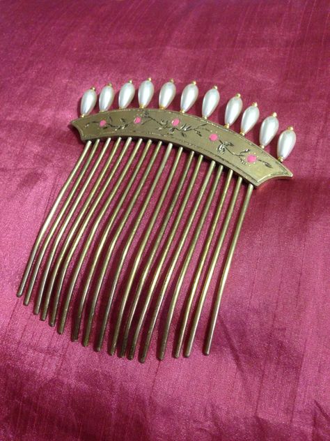 Reproduction of a Regency hair comb inspired by a French empire comb, c. 1800. Brass, enamel and artificial pearls Regency Era Jewelry Jane Austen, Regency Hair Accessories, Regency Era Accessories, Regency Era Hair, Regency Crown, Regency Era Jewelry, Regency Hair, 18th Century Hair, Regency Jewelry