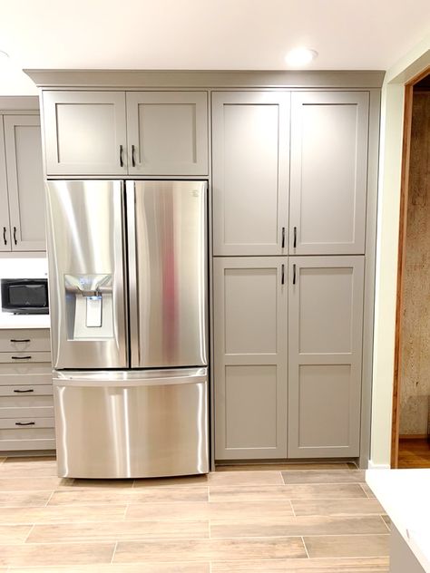 Gravier Project Cabinets Over Refrigerator, Cabinet Pantry Next To Fridge, Pantry Cabinet Beside Refrigerator, Cabinets Around Refrigerator Ideas, Kitchen Cabinets Around Refrigerator, Kitchens With Built In Refrigerator, Pantry Next To Refrigerator Built Ins, Kitchen Wall With Refrigerator, Fridge Wall Ideas