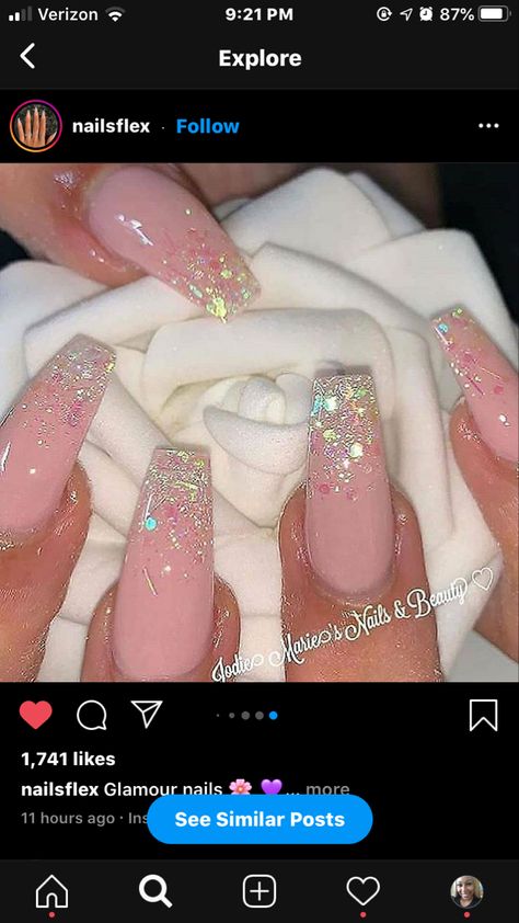 Simple But Glam Nails, Ombre Nail With Rhinestones, 30th Birthday Nail Ideas, Chunky Glitter Nails Acrylics, Vegas Nails Ideas Sparkle, Nail Dip Ideas, Pink Glittery Nails, Blue Green Nails, Glitter Nail Ideas