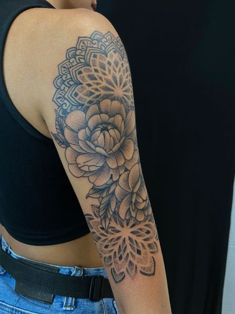 Mandala Flowers Sleeve, Mandela And Peony Tattoo, Peonies And Mandala Tattoo, Sunflower Mandala Tattoo Shoulder, Peony Mandala Tattoo Sleeve, Mandela And Flower Tattoo Sleeve, Flowers And Mandala Tattoo, Peony Mandala Tattoo, Mandala Arm Sleeve