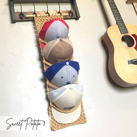 Hat Display Crochet pattern by Sweet Potato 3 Crochet Hat Display, Hat Holder, Hat Display, Crochet Square Blanket, Crochet Ball, Square Blanket, Lion Brand, Crochet Square, Crochet Hook Sizes