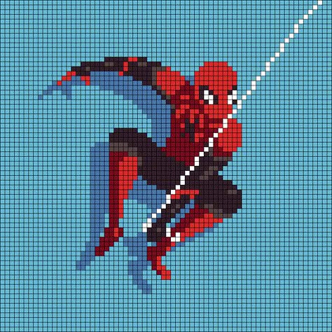 Spider Man Cross Stitch Pattern, Miles Morales Alpha Pattern, Pixel Art Pattern Marvel, Marvel Pixel Art Grid, Pixel Art Pattern Spiderman, Detailed Cross Stitch, Spider Man Alpha Pattern, Twilight Pixel Art, Alpha Patterns Marvel