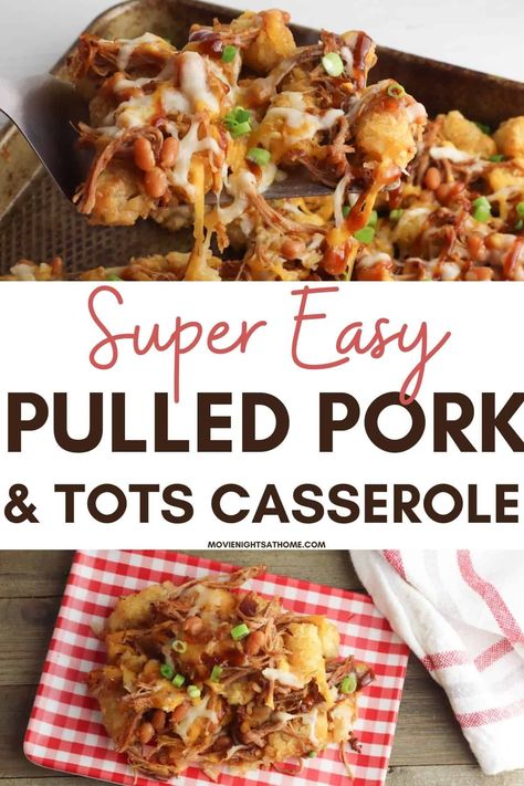 This tater tot & pulled pork casserole recipe is a great way to used leftover BBQ! This family favorite includes BBQ sauce, cheese, and beans. Pulled Pork Pork Chops, Shredded Pork Tater Tot Casserole, Bbq Pulled Pork Casserole, Pulled Pork Tator Tot Nachos, Using Pulled Pork Leftovers, Pulled Pork Hashbrown Casserole, Pull Pork Casserole, Recipes With Bbq Pork, Bbq Pork Casserole Recipes