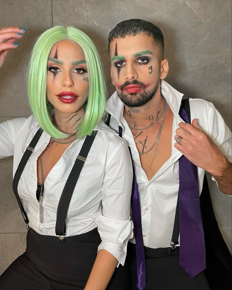 #jokermakeup #joker #costume Halloween Costume Ideas￼, The Joker And Poison Ivy Costume, Mr And Mrs Joker Costume, Joker Makeup Couple, Hot Joker Costumes Guy, Joker And Joker Couple Costume, Men’s Halloween Costume Joker, Joker Diy Costume Mens, Joker Guy Costume