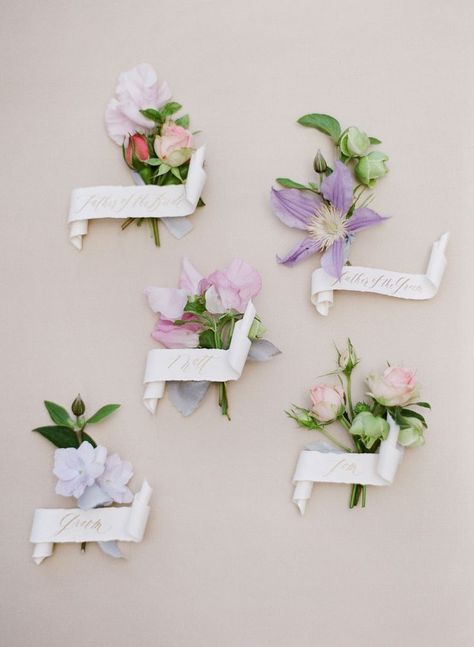 boutonnieres in shades of pink and lavender | Photography: Jemma Keech Lilac Boutonniere, Purple Boutonniere, Lavender Boutonniere, Positano Wedding, Spring Purple, Mumu Wedding, Wedding Boutonnieres, Olive Wedding, Button Holes Wedding