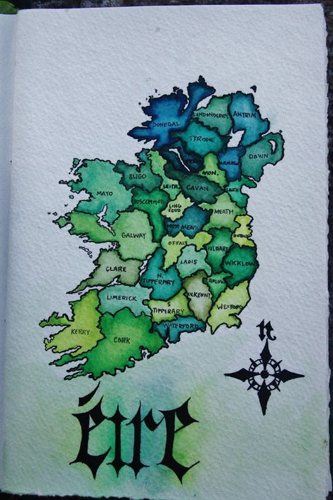 Eire - Ireland County Map in Watercolor for my Travel journal Painting Of Ireland, Ireland Drawing Ideas, Ireland Drawing, C Tattoos, Cute Animal Doodles, Ireland 2023, My Travel Journal, Travel Journaling, Adventure Journal