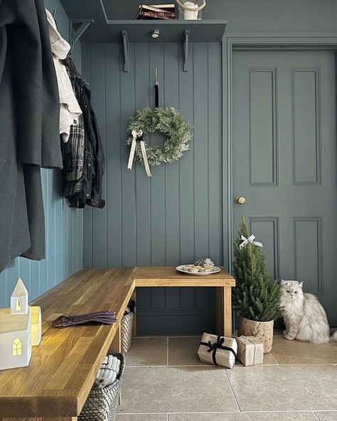 Katie & Stuart on Instagram: "My little festive boot area which was too cute not to share with my little photo bomber. Seconds later he was on the bench licking the mince pies. I was kind enough to share 1 or 2 with him 😜" Pavilion Grey, Inchyra Blue, Property Renovation, Scenic Wallpaper, Painter And Decorator, Colour Consultant, Plain Wallpaper, Boot Room, Perfect Model