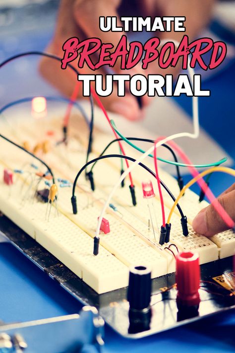 A breadboard with electronic components like LEDs wired with jumper wires and powered through binding posts. Breadboard Projects, Electronic Projects, Diy Electrical, Arduino Projects, Bread Board, Circuit Diagram, Electronics Circuit, Electronics Projects, Home Automation