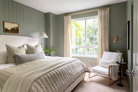 Sherwin Williams Evergreen Fog [The Best Green Paint Color] - Natural And Sage Bedroom, Light Green Guest Bedroom, Bedroom With Light Green Walls, Sage Green And Light Blue Bedroom, Sage Guest Bedroom, Clary Sage Bedroom, October Mist Bedroom, Green Master Bed, Cottage Bedroom Colors