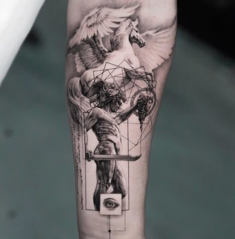 Greek Style Tattoos, Greek Tattoo Ideas, Hermes Tattoo, Greece Tattoo, Geometric Tattoo Leg, Micro Realism, Geometric Tattoo Sleeve Designs, Greek Tattoo, Tattoo Font For Men