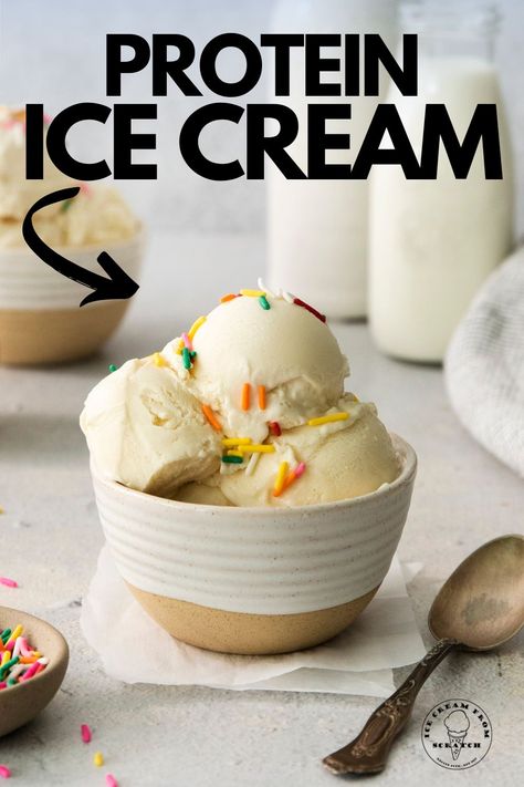 This satisfying high-protein ice cream recipe is so thick and creamy, made with just four ingredients, and boasting over 10 grams of protein per serving! Vanilla Ice Cream Protein Powder Recipes, Whey Protein Ice Cream Recipes, Kitchen Aid Mixer Protein Ice Cream, Home Made Protein Ice Cream, Protein Ice Cream Without Ninja Creami, Protein Ice Cream Ice Cream Maker, How To Make Protein Ice Cream, Protein Ice Cream Recipe Blender, Protein Drink Ice Cream