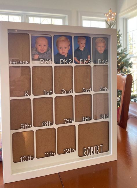 "Organize your child's PK-12 photos with this wood inner mat frame for photos of your child in every grade until graduation. This listing is for the style that includes 4 photo slots for Pre-K pictures. Small squares are about 2\"x3\" and large square is about 3.8\"x3.7\"  Fits in a 11x14 frame -- if you don't purchase from me, I recommend a display or shadow frame as width of wood is 1/8\" See last photo for font choices and enter in the personalization box. If no font is entered, Richard font Memorobelia Display, Picture Frame Kids Art Display, Grade Picture Display, K-12 Photo Display, How To Display School Pictures, Hall Picture Display, School Picture Display Ideas, Diy Photo Display Ideas, Ways To Display Pictures