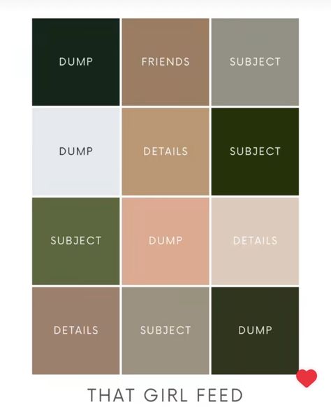 Green Beige Instagram Feed, Olive Green Instagram Feed, Color Schemes Instagram Feed, Instagram Feed Color Palette, Instagram Color Scheme Feed, Instagram Feed Layout Aesthetic, Instagram Theme Ideas Color Schemes, Instagram Color Scheme, Instagram Feed Organizer