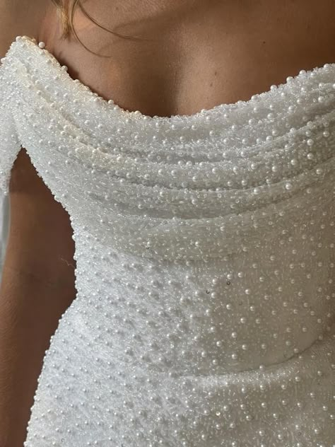 Wedding Dress With Pearl Overlay, Wedding Dresses Pearl And Lace, Off The Shoulder Wedding Dress With Pearls, Pearl White Dress Brides, Wedding Dress With Perls, Wedding Gown With Pearl Beads, Off The Shoulder Pearl Wedding Dress, Pearl Dresses Short, Pearly Prom Dress