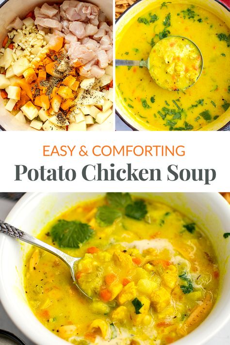 Golden Soup, Carrots Chicken, Soup Potato, Mains Recipes, Chicken Potato Soup, Garlic Carrots, Chicken Potato, Chicken And Potatoes, Leftover Rotisserie Chicken