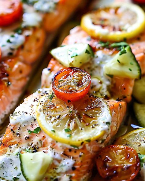 Baked Salmon with Lemon - Recipes, Tasks & Tools Salmon With Zucchini, Salmon Tomato, Baked Salmon With Lemon, Dill Sauce For Salmon, Zucchini And Tomatoes, Baked Salmon Lemon, Salmon With Lemon, Creamy Dill Sauce, Thomas Keller