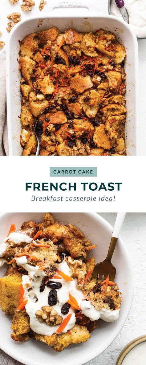 This carrot cake French toast casserole has the dreamiest texture and is full of delicious carrot cake flavor. Each bite is made of little flecks of wholesome carrots, nuts, raisins, and sweet maple syrup. Carrot Cake French Toast, Cake French Toast, Breakfast Casserole French Toast, French Bread French Toast, French Toast Casserole Overnight, Bread Puddings, French Toast Casserole Recipes, Easy Carrot Cake, Bariatric Diet