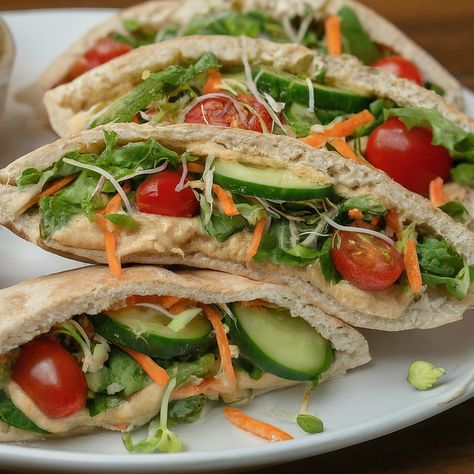 Veggie Stuffed Pita Pockets Recipe - Instacart Pita Pocket Recipes Lunches, Stuffed Pita Pockets, Pocket Recipes, Veggie Pita, Delicious Wraps, Pita Pocket Recipes, Stuffed Pita, Hummus Dressing, Pockets Recipe