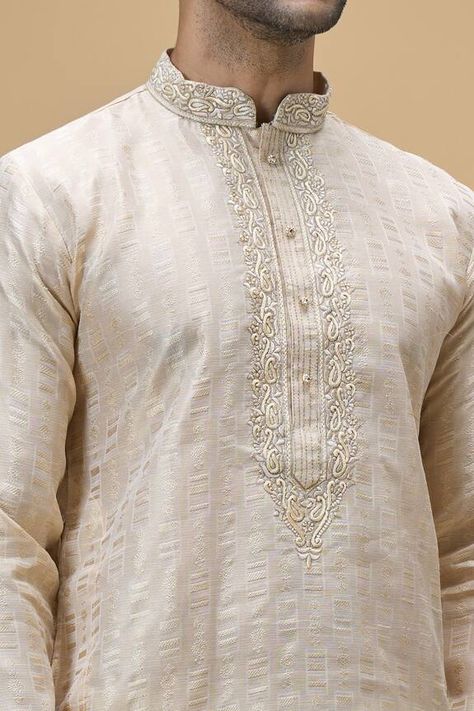 Beige kurta with paisley embroidered placket. Paired with a cream churidar. - Aza Fashions Mens Kurta Embroidery Designs, Kurta Embroidery, Beige Kurta, Zen Doodle Patterns, Kurta Patterns, Mens Kurta, Indian Man, Zen Doodle, Churidar