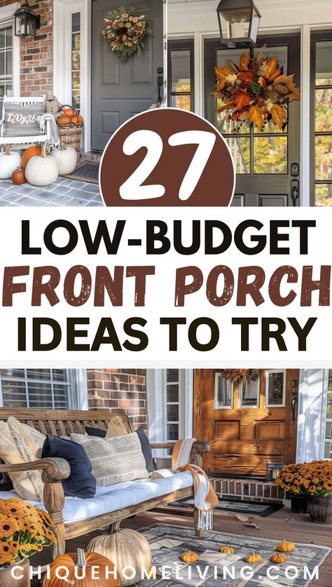 Looking to spruce up your front porch for fall without breaking the bank? Discover 27 creative and affordable decor ideas that will bring the cozy charm of autumn to your home. From DIY wreaths and pumpkin displays to rustic signs and cozy textiles, find inspiration to make your porch warm and inviting this season. 🍁🎃🍂 Pew On Front Porch, Outdoor Fall Bench Decor, Simple Small Front Porch Ideas, Porch Shelf Ideas, Outdoor Fall Ideas, Seasonal Porch Decor, Affordable Fall Porch Decor Ideas, Fall Farmhouse Porch Decor, Fall Decor For Porch Entrance