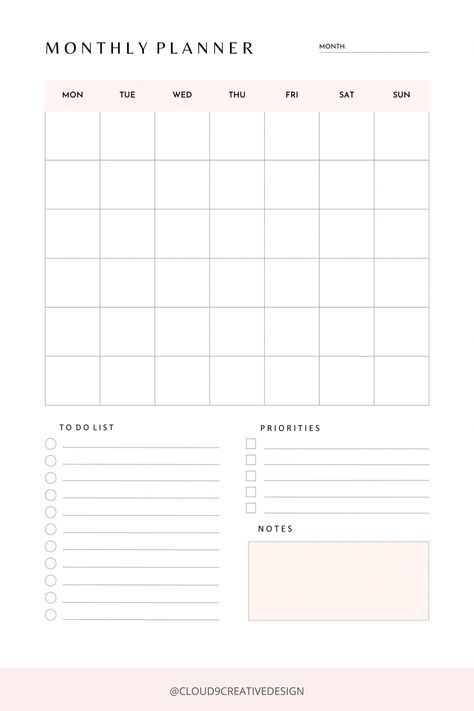 Asethetic Monthly Planner template in white and pink Aesthetic Monthly Planner, Printable Calendar Design, Prayer Journal Prompts, Blank Calendar Pages, Dreams Become Reality, Bullet Journal Ideas Templates, Monthly Planner Template, Budget Planner Template, Monthly Planner Printable