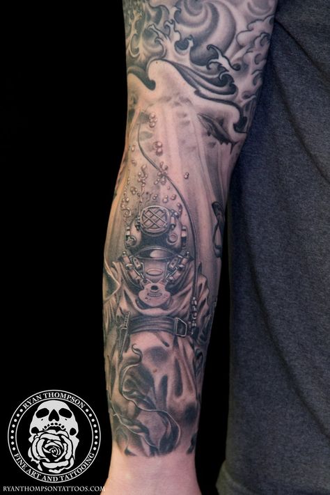 Scott's Deep Sea Diver — Ryan Thompson - Prophecy Tattoo Prophecy Tattoo, Ocean Tattoo Sleeve, Scuba Diver Tattoo, Helm Tattoo, Sea Tattoo Sleeve, Deep Sea Diver Art, Scuba Tattoo, Ship Tattoo Sleeves, Pirate Skull Tattoos