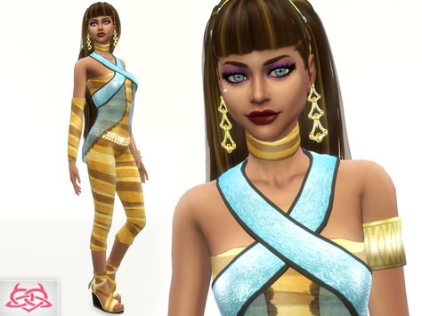 Monster High - Cleo Hairstyle, Shoes, Eyeliner, Outfit, Earrings, Bracelets.  Found in TSR Category 'Sims 4 Sets' Sims 4 Cc Monster High Cleo, Dolls Illustration, Die Sims 4, Monster High Clothes, Sims 4 Game Mods, Play Sims, Sims 4 Characters, The Sims 4 Download, Sims 4 Downloads