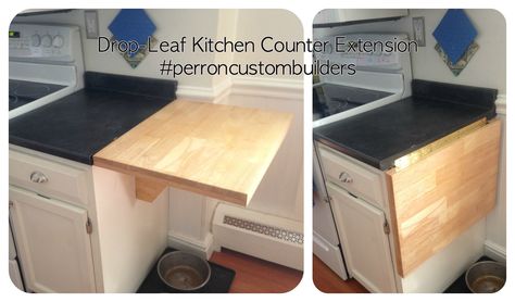 My new drop-leaf kitchen counter extension! #perroncustombuilders Pop Up Kitchen Counter, Drop Down Kitchen Counter, Extend Kitchen Counter, Drop Down Countertop, Fold Down Kitchen Counter, Drop Leaf Countertop, Kitchen Counter Extension Ideas, Counter Extension Ideas, Drop Leaf Countertop Extension