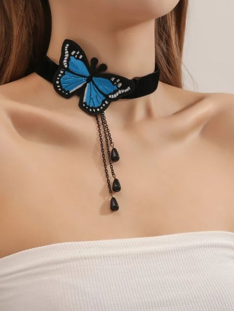 Butterfly Decor, Choker, Fashion Jewelry, Necklaces, Collar, For Women, Chain, Blue, Black