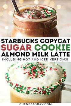 Easy Starbucks copycat recipe! Hot or iced Sugar Cookie Almond Milk Latte with a copycat Starbucks sugar cookie syrup recipe, creamy almond milk and sprinkles! So delicious and festive, plus vegan and dairy free! #christmaslatte #christmascookielatte #sugarcookielatte #starbucksholiday #starbuckscopycat #copycatrecipe #almondmilklatte Sugar Cookie Almond Milk Latte Starbucks, Holiday Latte Recipe, Sugar Cookie Syrup For Coffee, Starbucks Sugar Cookie Syrup, Sugar Cookie Almond Milk Latte, Starbucks Sugar Cookie, Sugar Cookie Syrup, Starbucks Calories, Almond Milk Latte