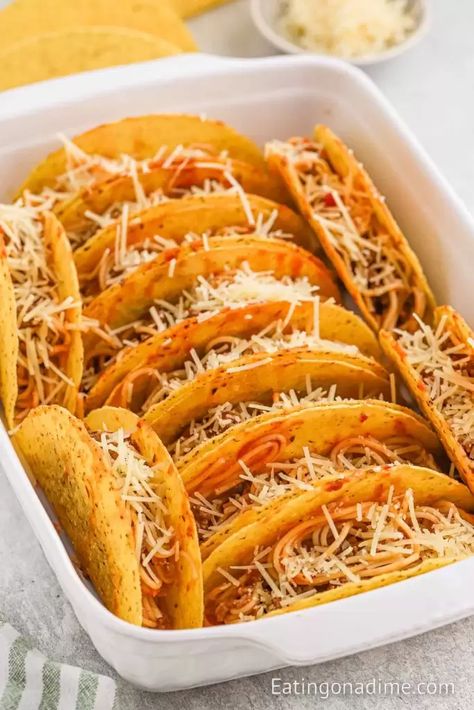 Speggetti Taco Recipe, Taco Shell Recipe Ideas, Spaghetti Tacos Recipe, Taco Spaghetti To Die For, Spagetti Tacos, Spaghetti Taco, Spaghetti Tacos, Taco Shell Recipe, 1950s Food