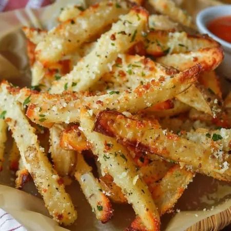 BAKED GARLIC PARMESAN FRIES Seasoned French Fries Recipe, Garlic French Fries, Parmesan French Fries, Seasoned Potato Wedges, Garlic Parmesan Fries, Fresh Cut Fries, Burger Side Dishes, Parmesan Fries, Garlic Parmesan Potatoes