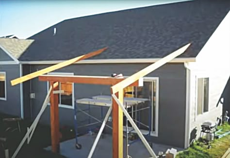 How to Attach a Patio Roof to an Existing House How To Build An Overhang Porches, Slant Roof Covered Patio, Add On Roof To House, Back Deck With Roof, Adding A Roof To A Deck, Diy Porch Roof Easy, Shed Porch Roof, Deck Roofs Attached To House, Roof Overhang Extension