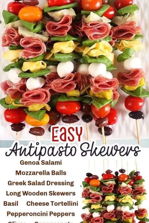 Skewers Appetizers Easy, Antipasto Bites Tipsy Housewife, No Cook Skewer Appetizers, Caprese Salad Skewers Appetizers, Charcuterie Board Kabobs, Anti Pasto Skewers, Caprese Kabobs Skewers, Wedding Skewers Appetizers, Italian Antipasto Skewers