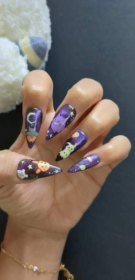 Pokemon Halloween Nails, Cute Pokemon Nails, Gengar Nail Art, Cute Extra Nails, Sylveon Nails, Mimikyu Nails, Eevee Nails, Pokemon Nails Designs, Gengar Nails