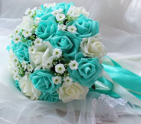 Turquoise Green White Wedding Bouquet, Turquoise Flowers Bridal Bouquet,  Wedding Centerpieces, Decorations,Silk Ribbon Fake Flower Bouquets Turquoise Wedding Bouquets, Fake Flower Centerpieces, Turquoise Wedding Flowers, Green White Wedding, Fake Flower Bouquet, Tiffany Blue Wedding, White Bridal Bouquet, Turquoise Wedding, White Wedding Bouquets